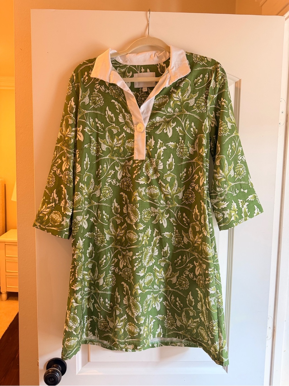 Olive Green Floral Midi Tunic Dress with White Collar